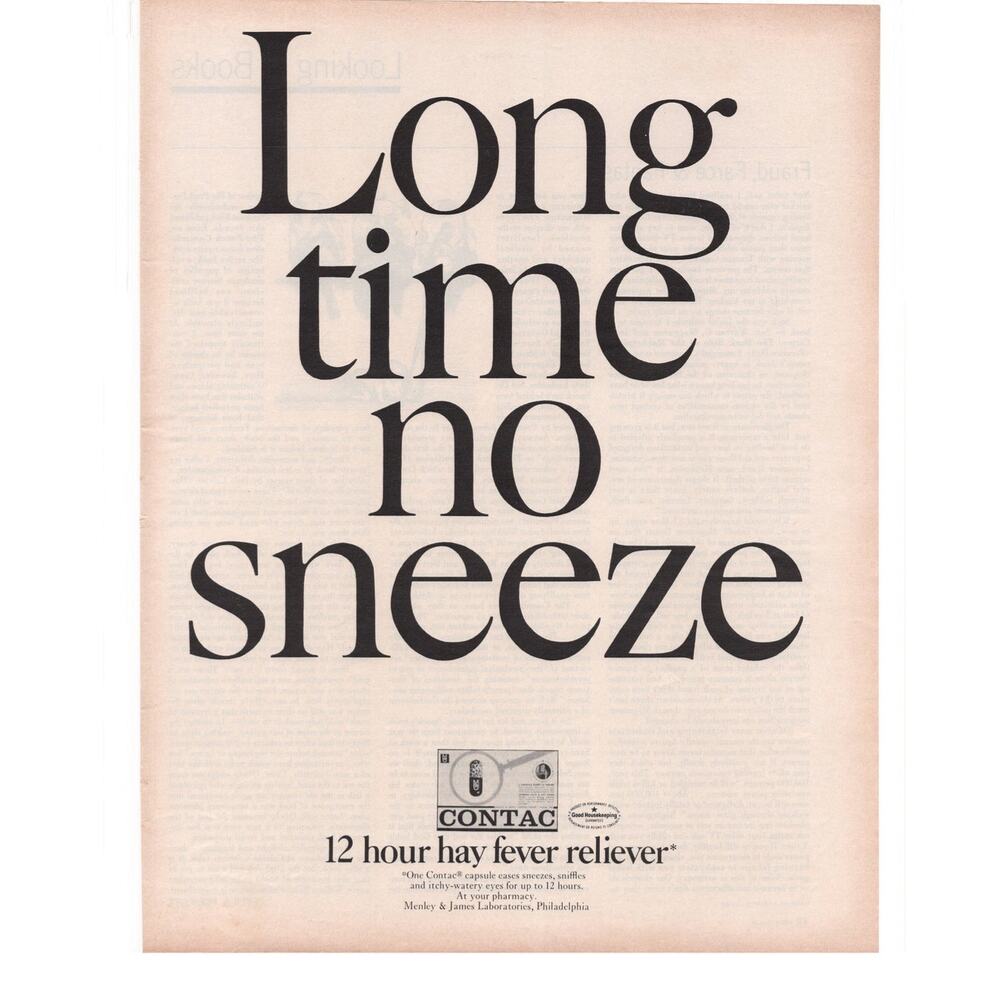 Contac Allergy Medication Magazine Advertisement Vintage B&W 1968 Hay Fever